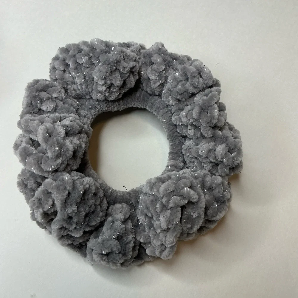 Crochet Scrunchie Oversized Hair Tie Set of 2 Plush Sparkle Velvet Handmade
